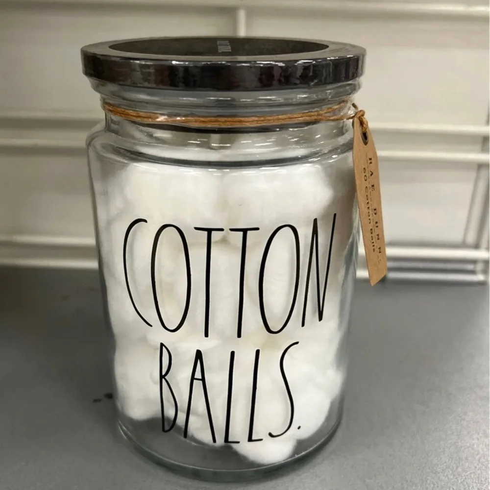 Rae Dunn COTTON BALLS Glass Jar With Wooden Lid, Container 60 Cotton Balls.